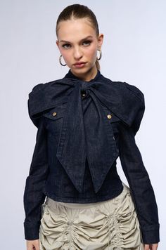 WAIT FOR U BLOUSE WITH BOW Collar Outfits, Denim Bows, Waiting For U, Bow Collar, Bow Blouse, Denim Blouse, Tapered Trousers, Mock Neckline, Big Bows