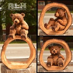 three pictures of a bear sitting on top of a piece of wood and holding onto the ring