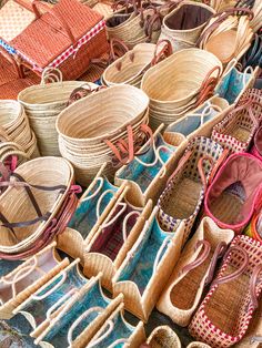 baskets and shoes for sale at an outdoor market