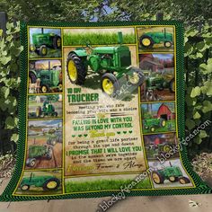 a green tractor blanket with pictures of farm tractors on it and the words, i love you