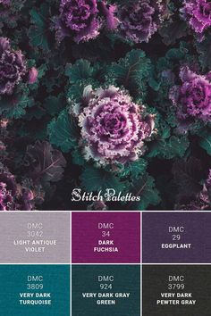 purple and green flowers are featured in the color palettes for this website page, which shows