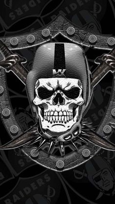 a skull wearing a helmet with two crossed swords in front of black and white background