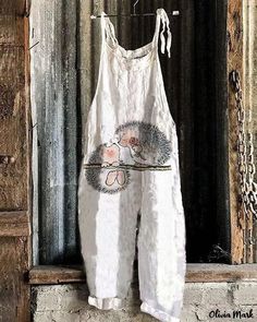 Olivia Mark - Cotton Linen Overall Jumpsuit with Printed Patterns and Spaghetti Straps for Casual and Beach Wear Manta Ray Art, Ancient Japanese Art, Linen Overalls, Hedgehog Print, Vintage Jumpsuit, Jumpsuit Casual, Loose Jumpsuit, Mode Boho, Linen Jumpsuit