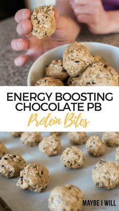 energy booster chocolate protein bites in a white bowl on a baking sheet with text overlay