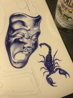 a drawing of a scorpion and a man's face with a mask on it