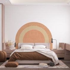 a bedroom with a bed, nightstands and large round painting on the wall behind it