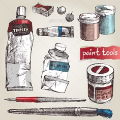 an illustration of paint tools and paints on a white background - stock photo - images