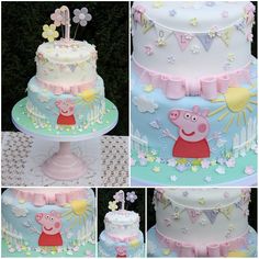 a collage of photos with pep the pig cake