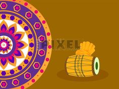 a colorful drum and an orange vase on a brown background