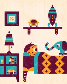 an illustration of a man laying in bed with his head on the end of a book shelf