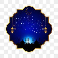 the night sky with stars and mosques on it, which is decorated in gold and blue