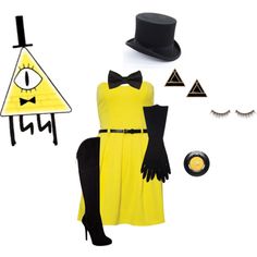 a yellow dress with black accessories and a hat