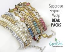 several bracelets with beads and charms are shown on a white background, the text reads superduo segment wrap bead packs