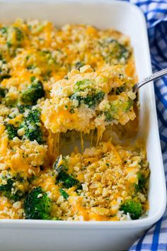 a casserole dish with broccoli and cheese