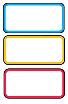 three rectangular labels with different colors on them