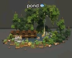 an image of a pond in the middle of some trees and bushes with people sitting around it