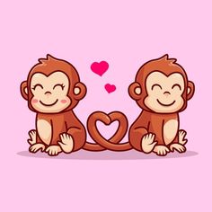 two monkeys sitting next to each other on a pink background with hearts in the air