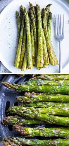 asparagus spears on a plate with a fork and knife next to the cooked asparagus