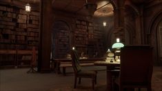 a dimly lit room with many bookshelves and tables