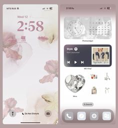 an iphone screen with flowers and clocks on the side, next to another device that is open