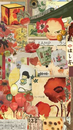 the collage is made up of many different pictures and words, including red flowers