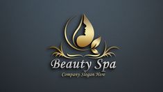 the logo for beauty spa is gold and silver with a woman's face on it