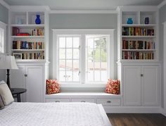 two pictures side by side one has a window seat and the other has a bookcase