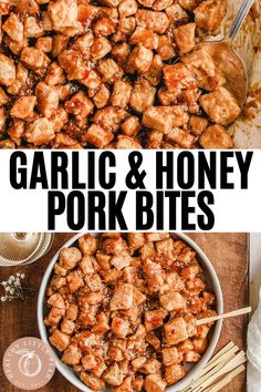 pinterest pin for Chopped Pork Bites with Garlic Honey Pork Chop Recipes Non Dairy, Honey Garlic Pork Bites Slow Cooker, Pork Bites Recipes Crock Pot, Pork Bites Recipes, Garlic Pork Bites, Gluten Free Pork Chops, Healthy Easy Lunch, Pork Cutlet Recipes, Healthy Little Peach