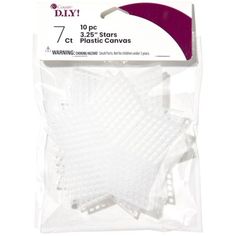 white plastic stars in packaging for crafting and sewing, on a white background with the words diy