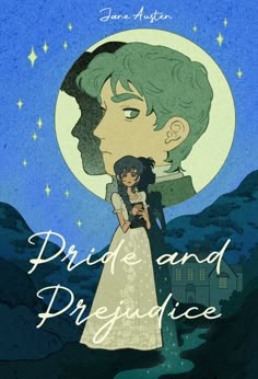 the cover to pride and prestige, with an illustration of a man kissing a woman in front of a full moon