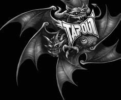 a black and white drawing of two bats with the word tattoo on it