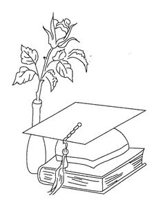 a black and white drawing of a book with a rose on it next to a graduation cap