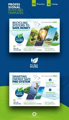 two banners with the words recycling and save money in green, blue and white colors