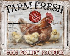 an old fashioned farm fresh sign with chickens on the front and back side, says eggs poultry produce