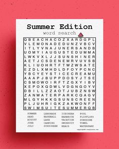 a printable summer word search is shown on a pink background with the words in black and white