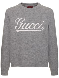 Gucci script intarsia . Crewneck . Dropped shoulder . Rib trim. Model is wearing a sizeM Gucci Sweater, Wool Knit Sweater, Gucci Logo, Sport Swimwear, Grey Knit Sweater, Sports Sweatshirts, Mens Scarves, Wool Knit, Suit Accessories