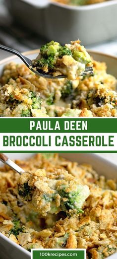 broccoli casserole in a white dish with a green border overlay