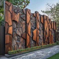 an outdoor wall made out of wood and stone