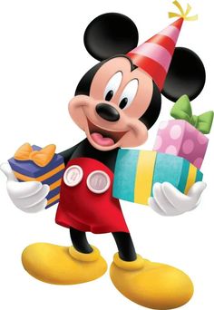 a cartoon mickey mouse holding a gift box and wearing a party hat with one hand