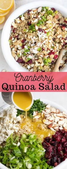 the ingredients for cranberry quinoa salad are being poured into a bowl