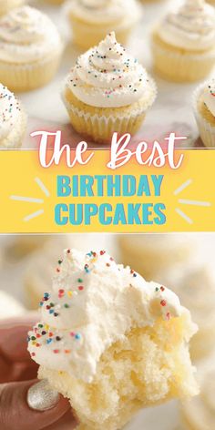 the best birthday cupcakes with white frosting and sprinkles