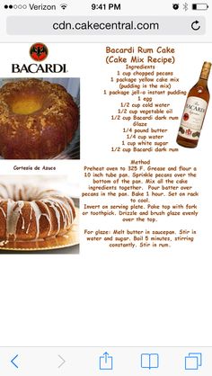 the recipe for bacardi bundt cake is shown in this screenshote