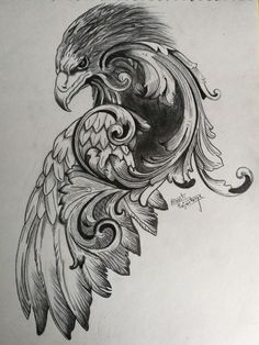 a drawing of an eagle with swirls on it's back and wings in the middle