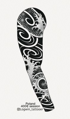 a black and white tattoo design with swirly designs on it's arm, in the shape of a leg