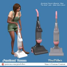 a woman is standing next to two vacuums and one has a pink handle on it