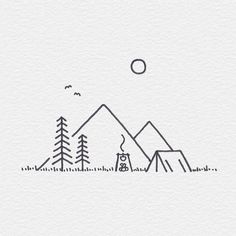 a drawing of mountains and trees with the moon above them