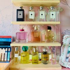 an assortment of perfumes are displayed on shelves