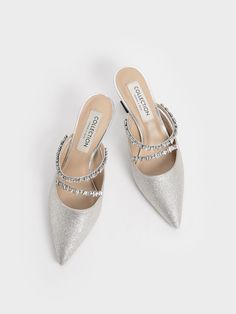 Silver Wedding Collection: Gem-Encrusted Metallic Glitter Mules - CHARLES & KEITH UK Bridal Party Shoes, Embellished Heels, Spool Heel, Beaded Bodice, Faux Leather Heels, Charles Keith, Glitter Fabric, Wedding Collection