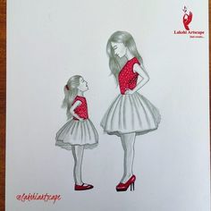 a drawing of two girls dressed in red and white, standing next to each other