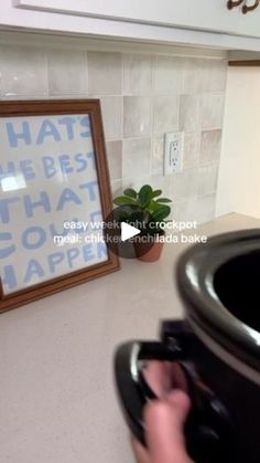 a kitchen counter with a potted plant on top of it next to a framed poster